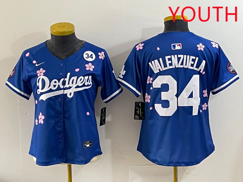 Youth Los Angeles Dodgers #34 Valenzuela Blue Sakura Edition 2025 Nike MLB Jersey style 38